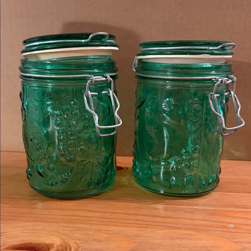 Vintage Green Glass Storage Jars with Lids